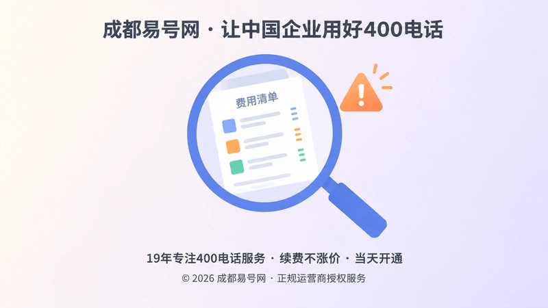 放大镜聚焦套餐费用清单的扁平插画，表现400电话套餐条款中的隐形条件