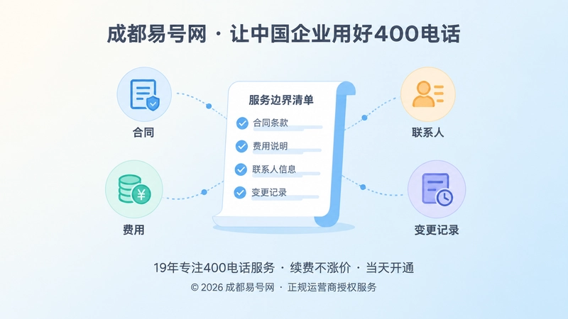 聚焦式配图：中央是服务边界清单，周围连接合同、费用、联系人和变更记录图标